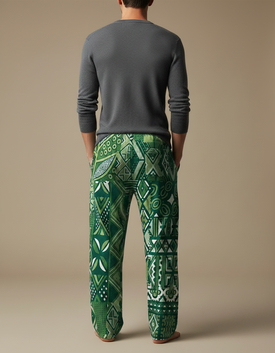 Pantalon Chinois Vert Ethnique Ample Cordon Décontracté - Viscose - vue 2