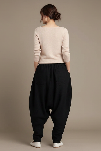 Pantalon Chinois Noir Ample Coton Lin Harem - vue 2