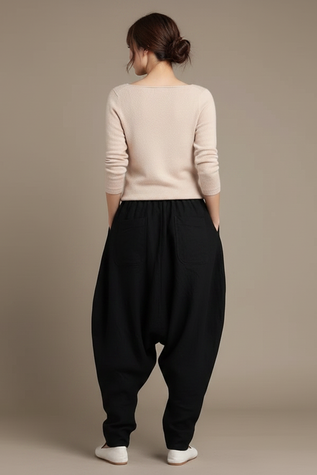 Pantalon Chinois Noir Ample Coton Lin Harem - vue 2