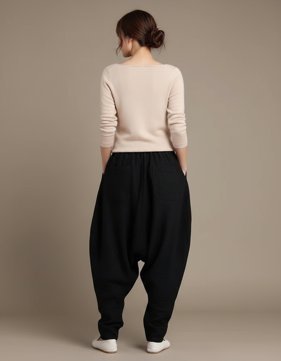 Pantalon Chinois Noir Ample Coton Lin Harem - vue 2