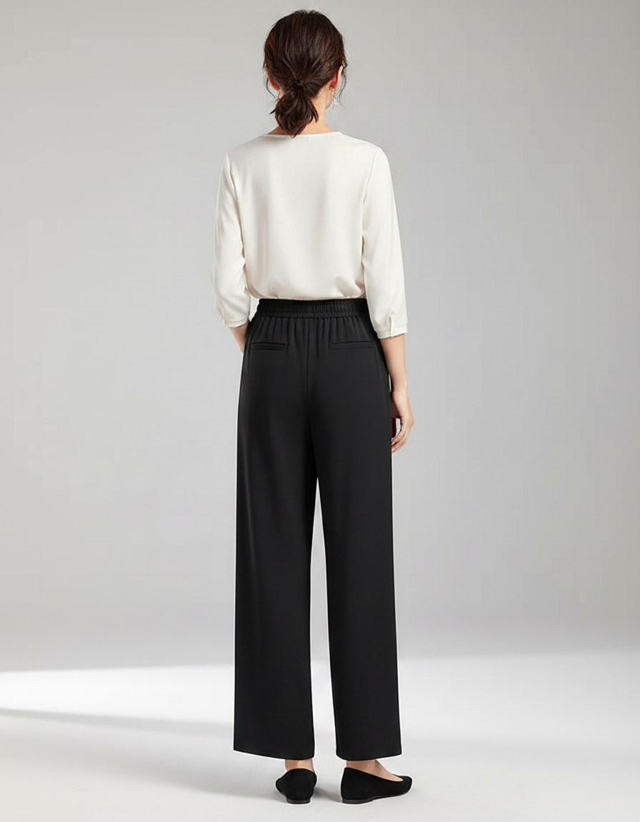 Pantalon Chinois Noir Ample Fluide Taille Élastique - Polyester - vue 2