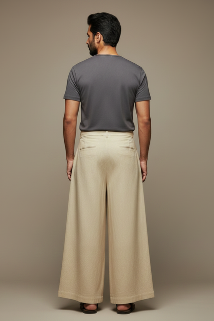 Pantalon Chinois Beige Ample Coton Lin Décontracté - vue 2