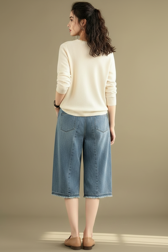 Pantalon Chinois Denim Brodé Ample Décontracté - Bleu Jean - vue 2