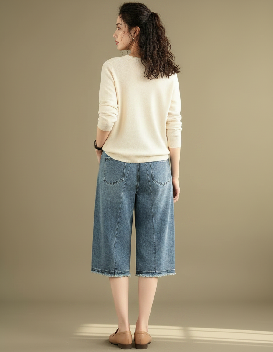 Pantalon Chinois Denim Brodé Ample Décontracté - Bleu Jean - vue 2