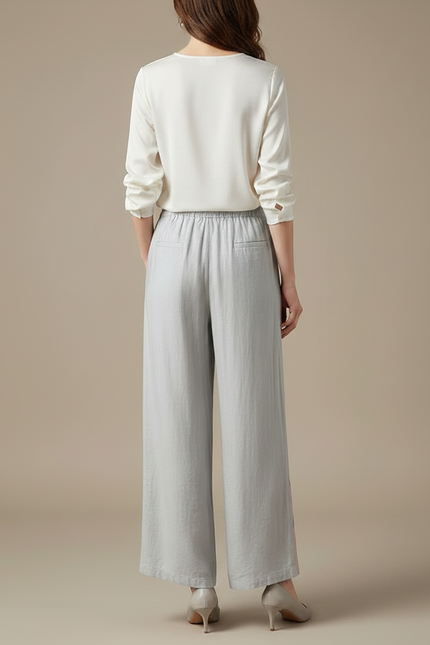 Pantalon Chinois Gris Brodé Floral Ample Fluide Femme - Lin - vue 2