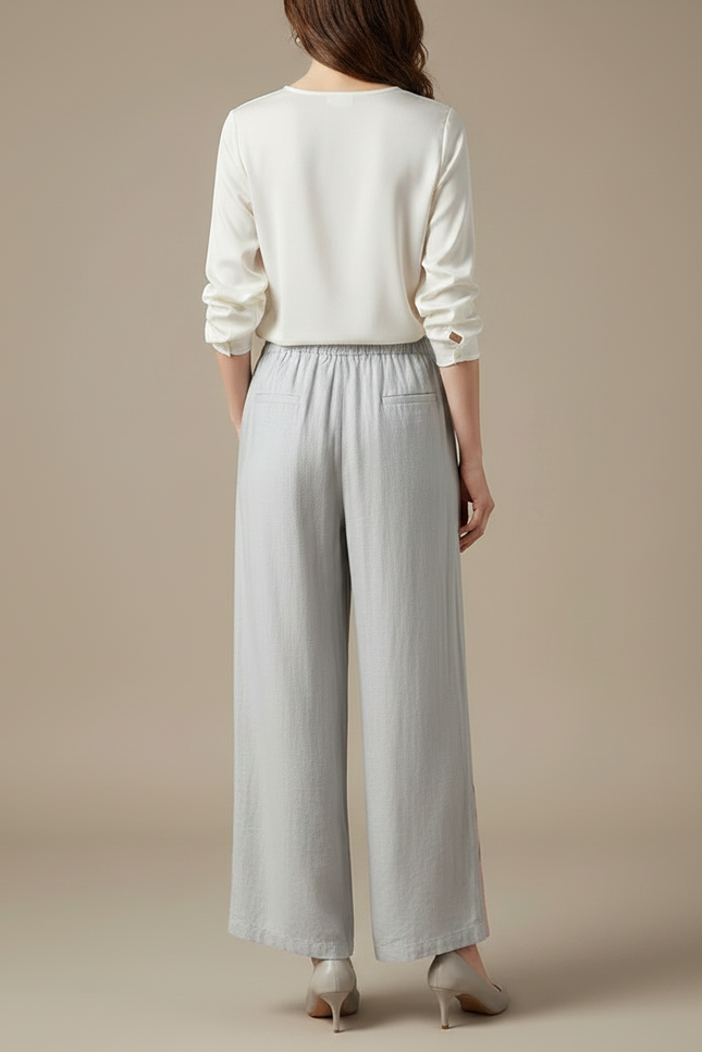 Pantalon Chinois Gris Brodé Floral Ample Fluide Femme - Lin - vue 2