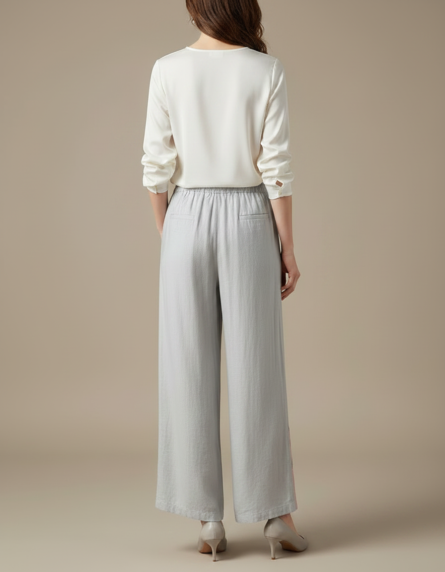 Pantalon Chinois Gris Brodé Floral Ample Fluide Femme - Lin - vue 2