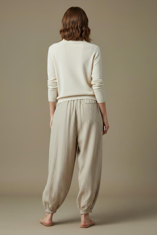 Pantalon Chinois Écru Ample Coton Lin Fluide Décontracté - Beige - vue 2