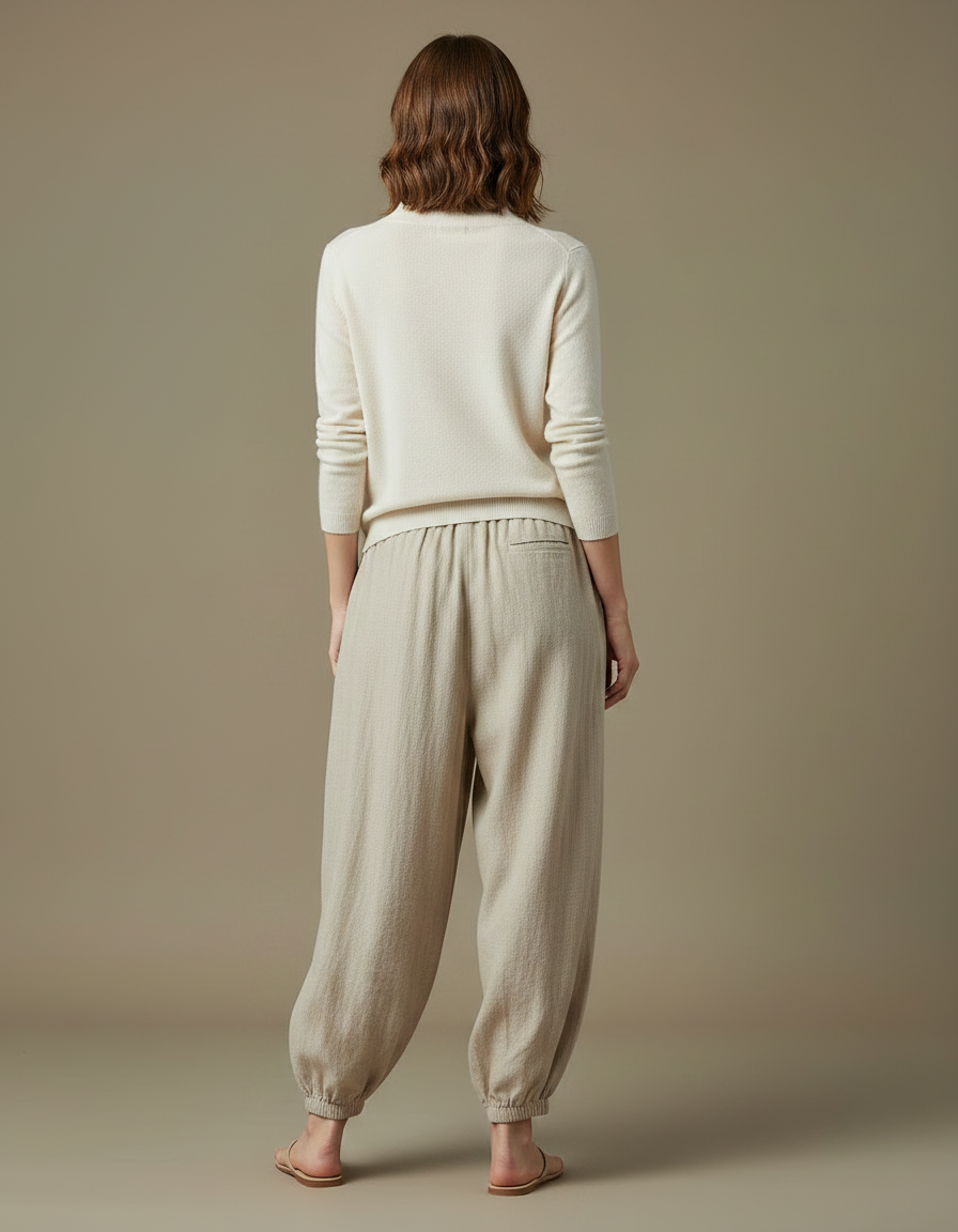 Pantalon Chinois Écru Ample Coton Lin Fluide Décontracté - Beige - vue 2