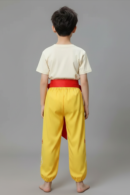 Pantalon Chinois Jaune Brodé Dragon Ample Enfant - Satin - vue 2