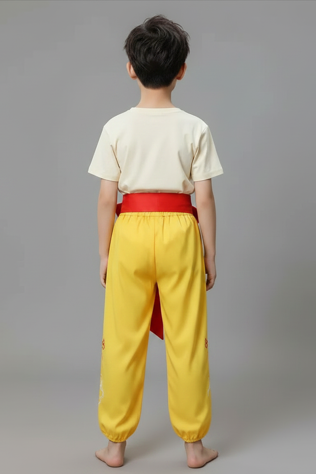 Pantalon Chinois Jaune Brodé Dragon Ample Enfant - Satin - vue 2