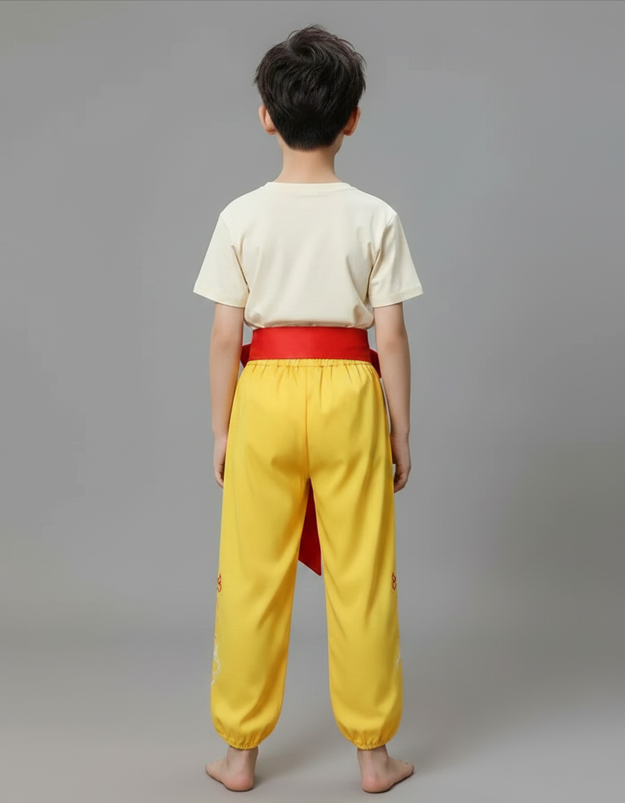 Pantalon Chinois Jaune Brodé Dragon Ample Enfant - Satin - vue 2