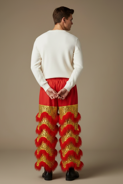 Pantalon Chinois Rouge Doré Scintillant Festif Homme - Polyester - vue 2