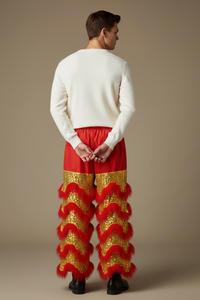 Pantalon Chinois Rouge Doré Scintillant Festif Homme - Polyester - vue 2