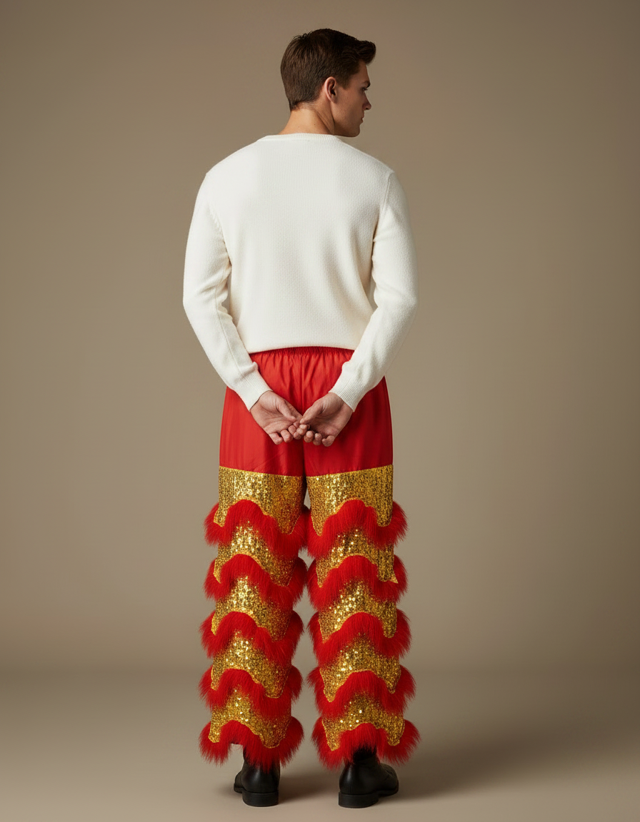 Pantalon Chinois Rouge Doré Scintillant Festif Homme - Polyester - vue 2