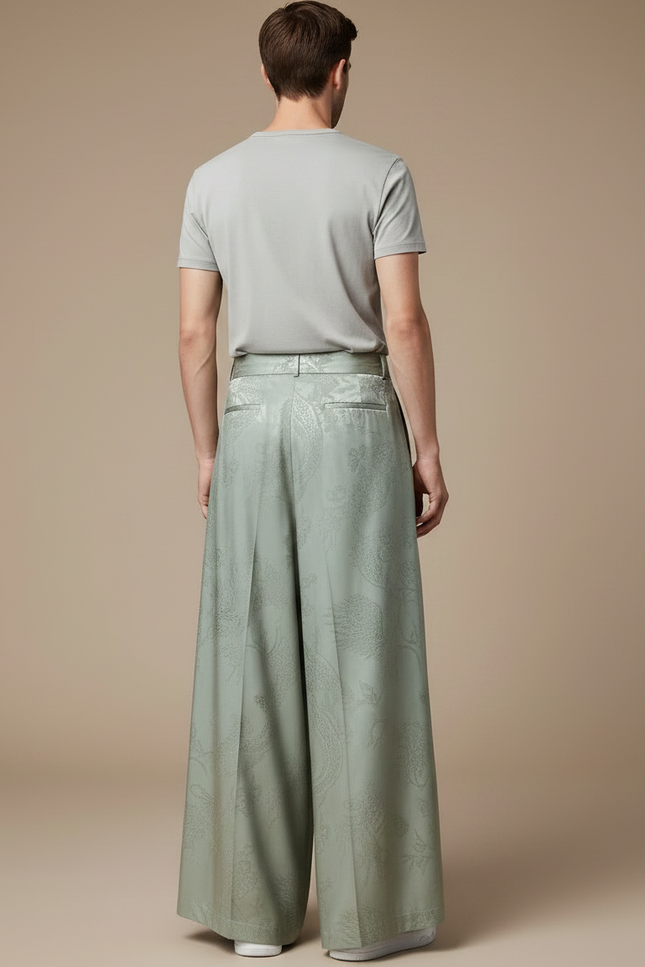 Pantalon Chinois Vert Sauge Ample Jacquard Dragon Soie - vue 2
