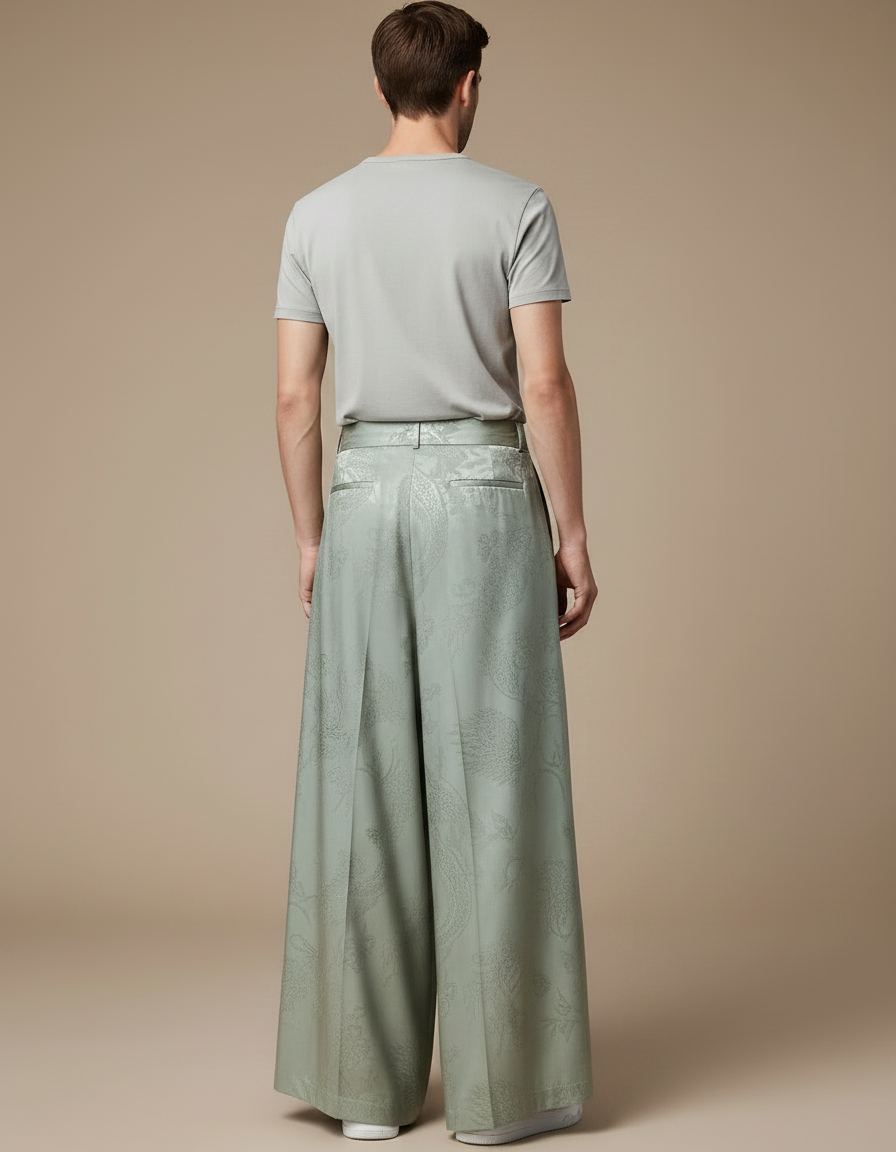Pantalon Chinois Vert Sauge Ample Jacquard Dragon Soie - vue 2