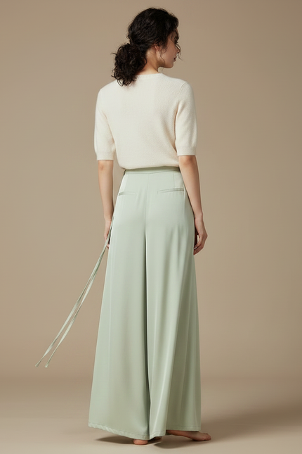Pantalon Chinois Vert Clair Fluide Large Femme - Satin - vue 2