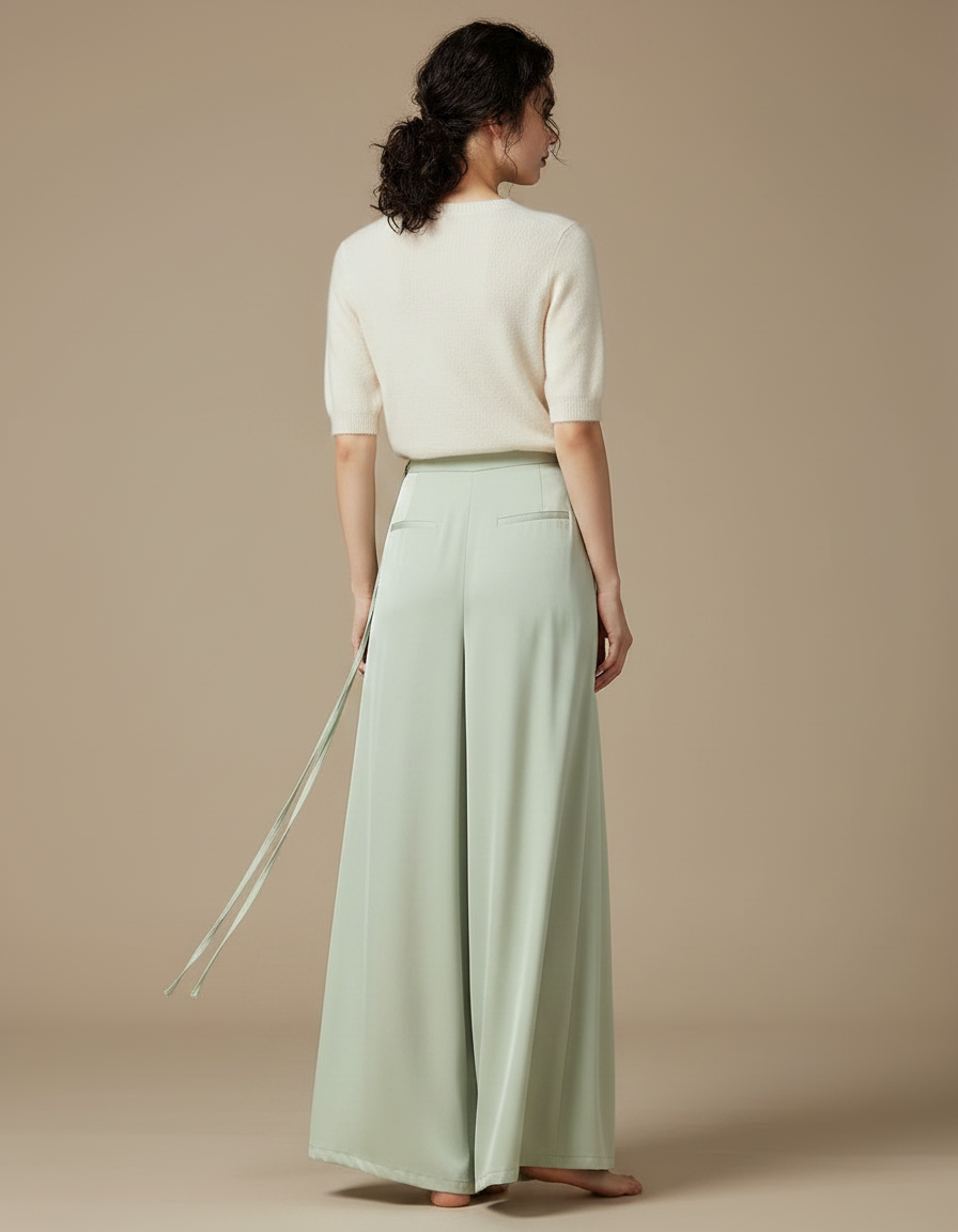 Pantalon Chinois Vert Clair Fluide Large Femme - Satin - vue 2