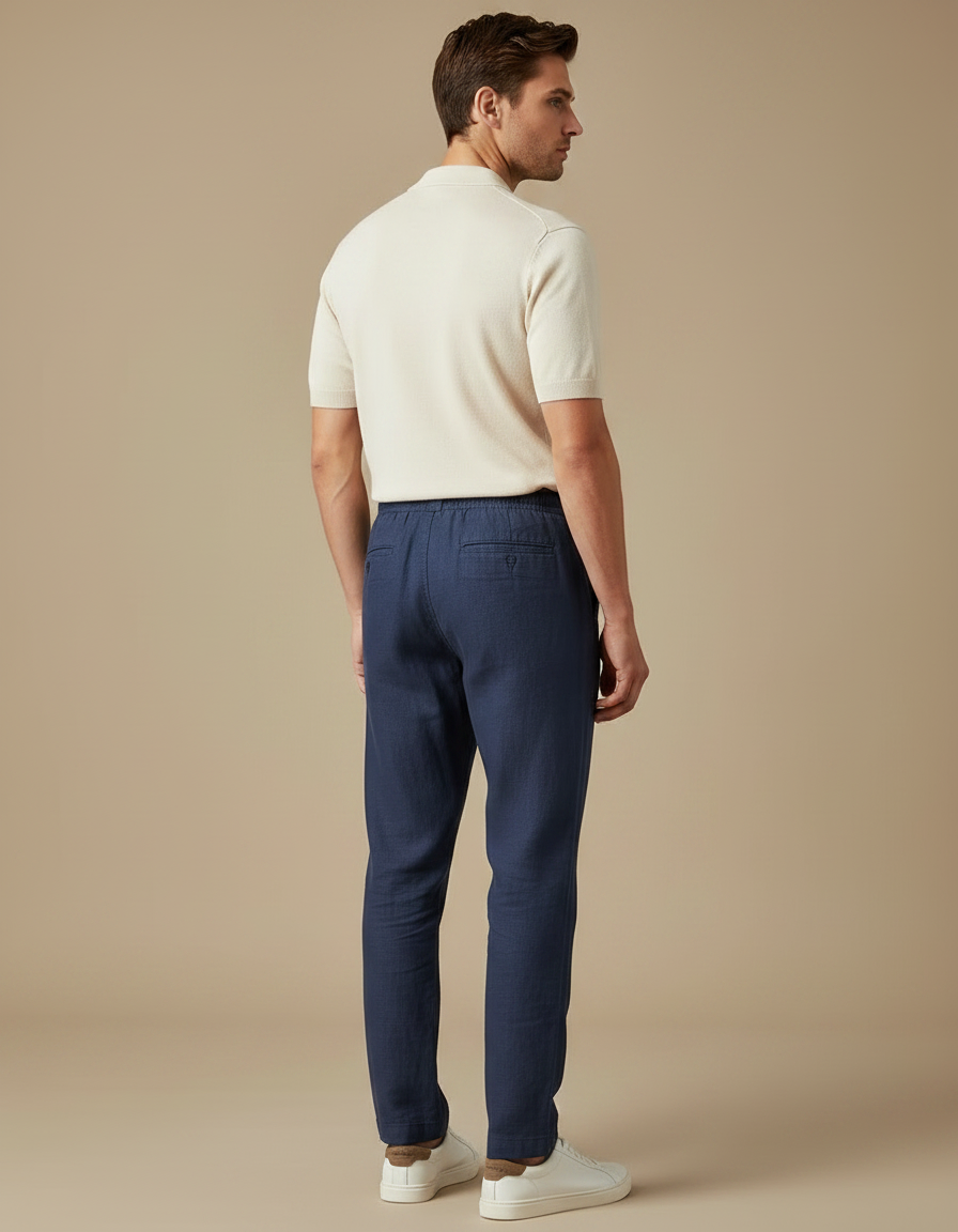Pantalon Chinois Bleu Marine Lin Cordon Décontracté Homme - vue 2