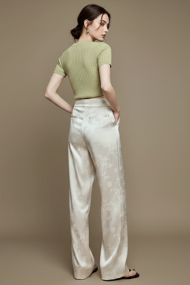 Pantalon Chinois Satin Jacquard Écru Ample Fluide Élégant - Beige - vue 2