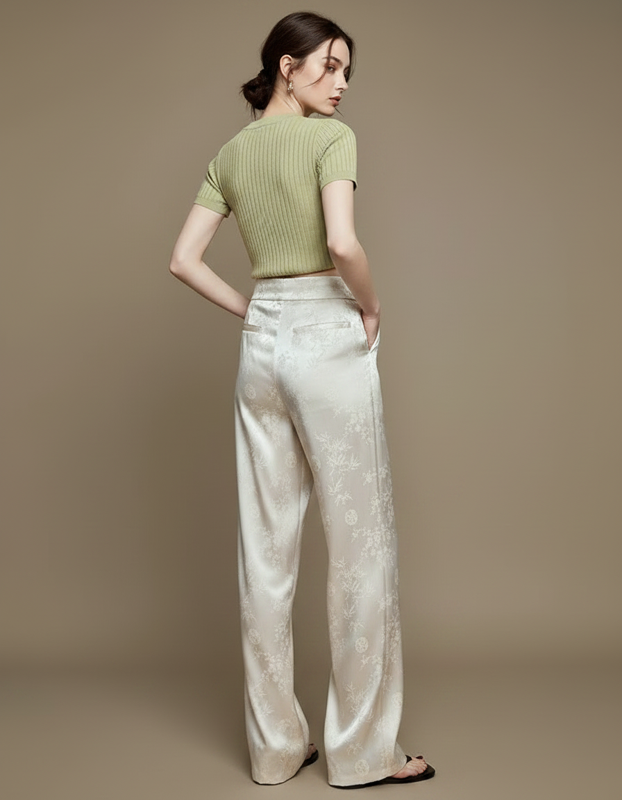 Pantalon Chinois Satin Jacquard Écru Ample Fluide Élégant - Beige - vue 2