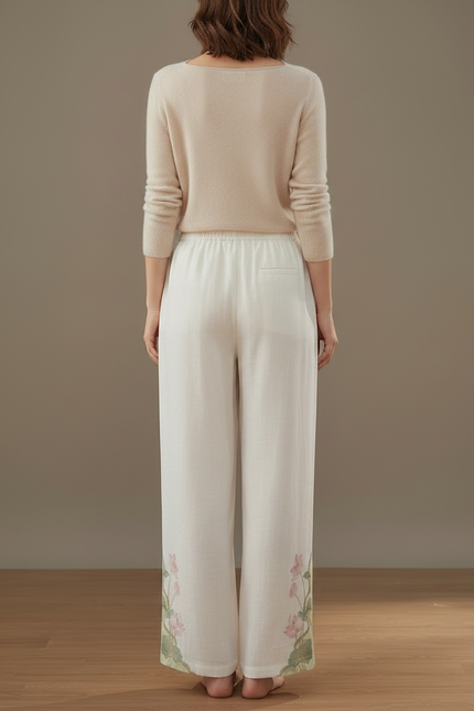 Pantalon Chinois Blanc Ample Lin Brodé Lotus - vue 2