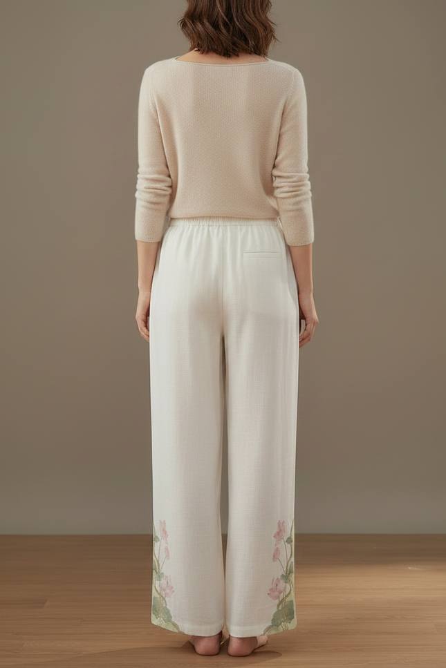 Pantalon Chinois Blanc Ample Lin Brodé Lotus - vue 2
