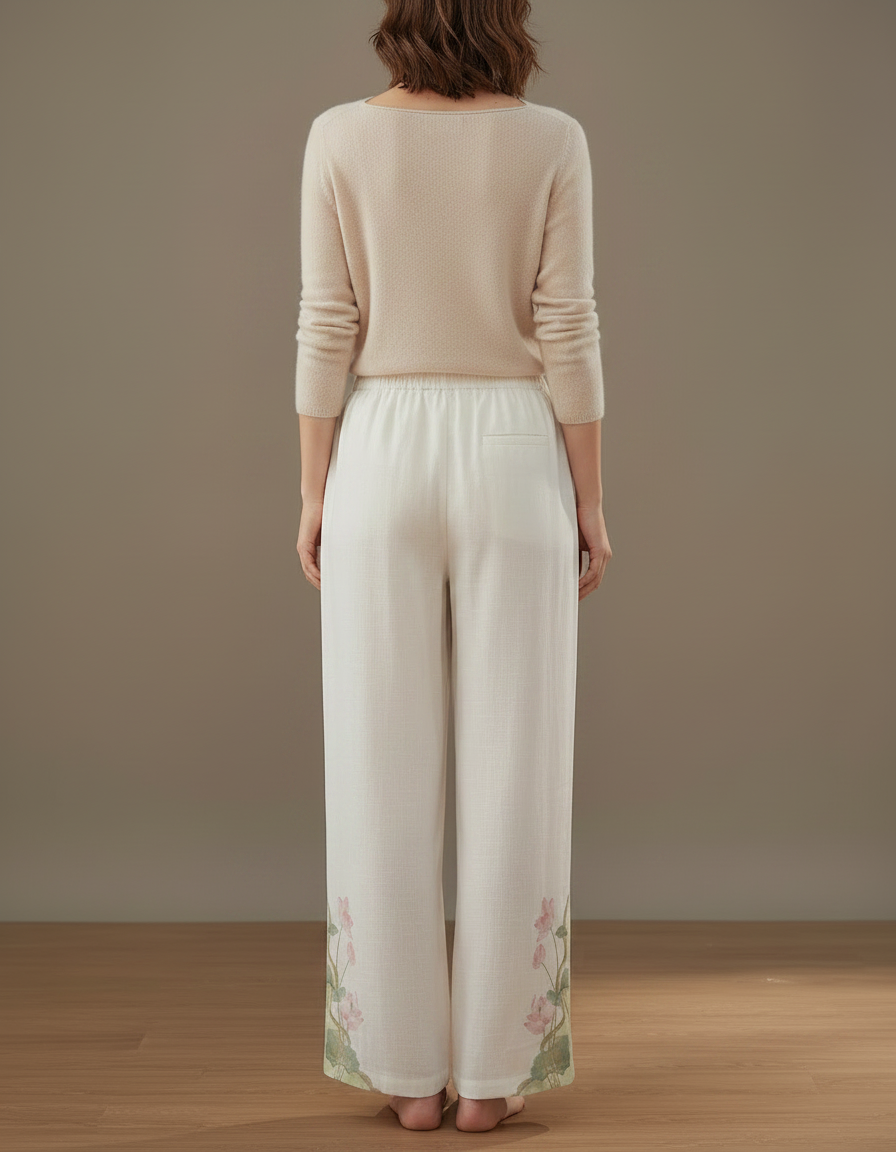 Pantalon Chinois Blanc Ample Lin Brodé Lotus - vue 2