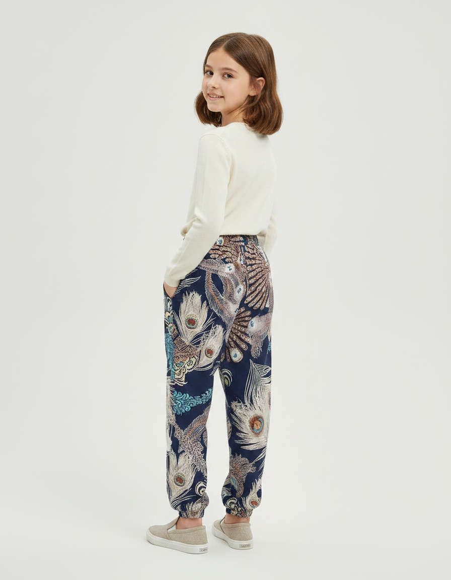 Pantalon Chinois Bleu Paon Fluide Ample Enfant - Multicolore Viscose - vue 2