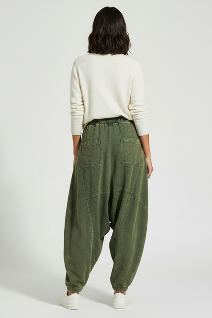 Pantalon Chinois Vert Ample Coton Décontracté Femme - Kaki Jean - vue 2