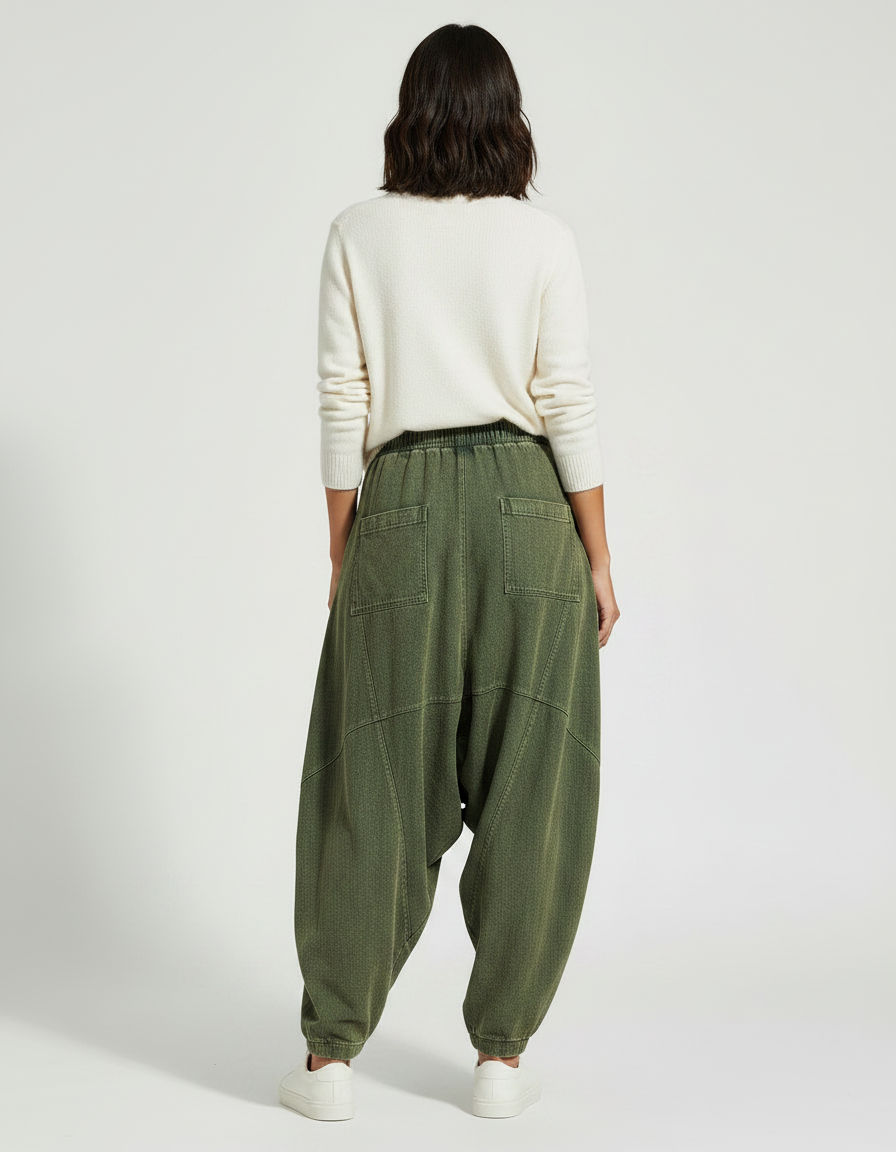 Pantalon Chinois Vert Ample Coton Décontracté Femme - Kaki Jean - vue 2