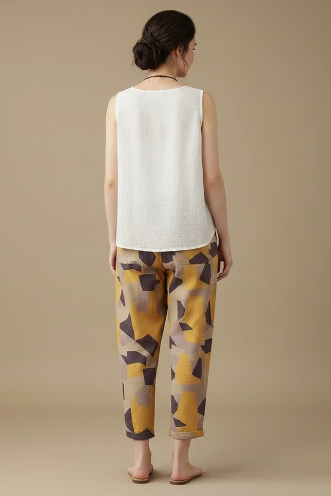 Pantalon Chinois Géométrique Coton Lin Fluide Estival - Multicolore - vue 2