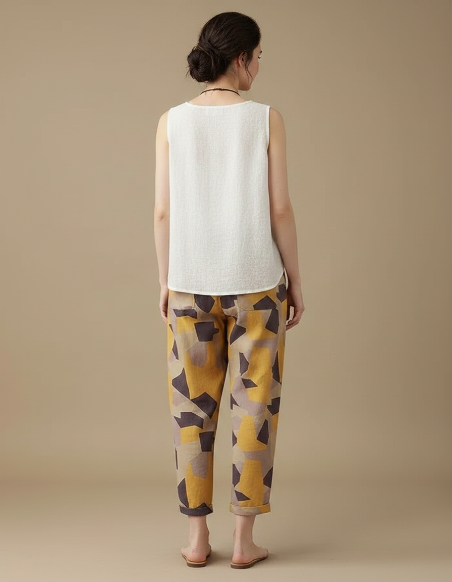 Pantalon Chinois Géométrique Coton Lin Fluide Estival - Multicolore - vue 2