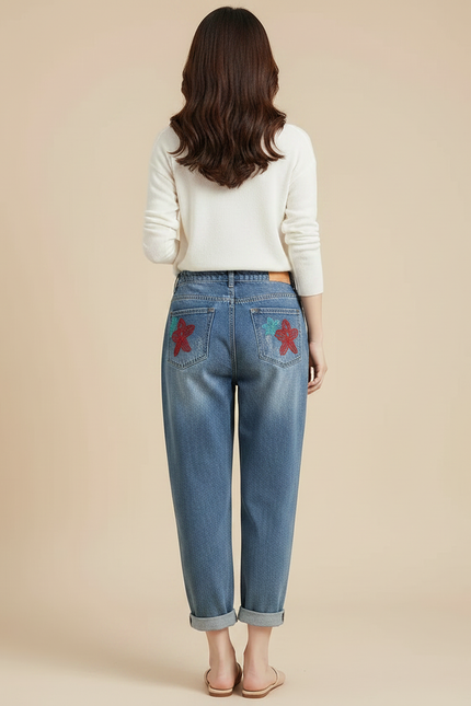 Pantalon Chinois Denim Floral Ample Déchiré Femme - Bleu Jean - vue 2