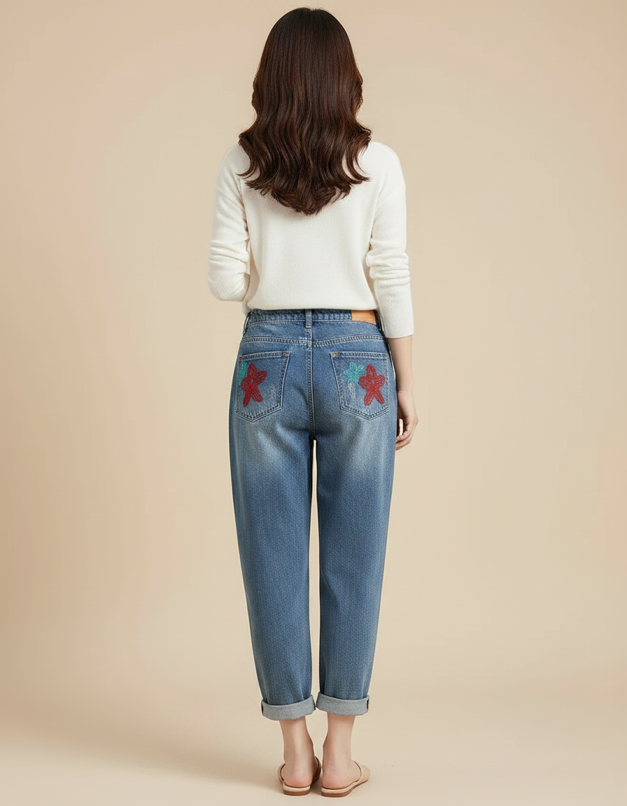 Pantalon Chinois Denim Floral Ample Déchiré Femme - Bleu Jean - vue 2