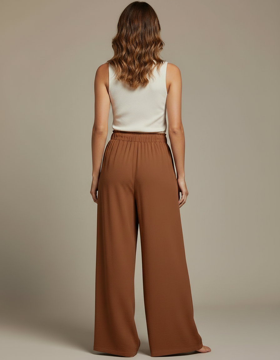 Pantalon Chinois Marron Ample Fluide Cordon Décontracté - Viscose - vue 2