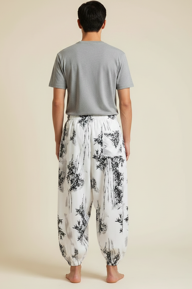 Pantalon Chinois Harem Ample Blanc Bambou Décontracté - Viscose - vue 2