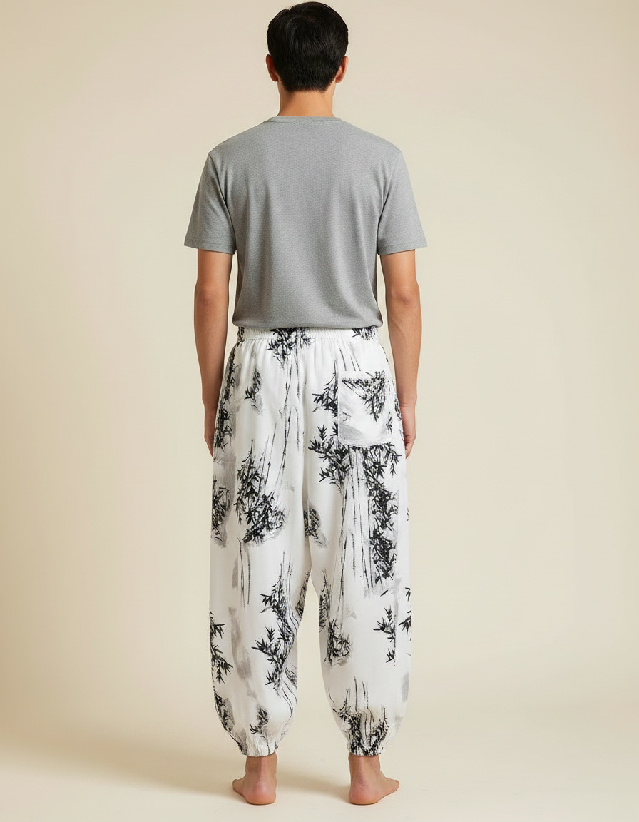 Pantalon Chinois Harem Ample Blanc Bambou Décontracté - Viscose - vue 2