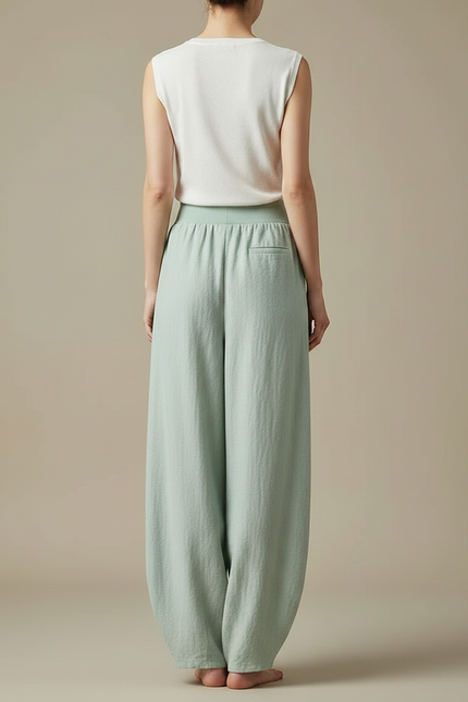 Pantalon Chinois Vert Ample Coton Lin Confortable - vue 2