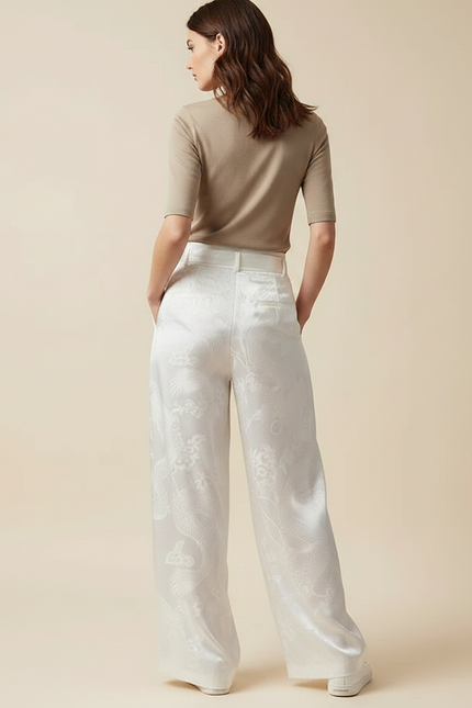 Pantalon Chinois Blanc Jacquard Dragon Ample Élégant - Satin - vue 2