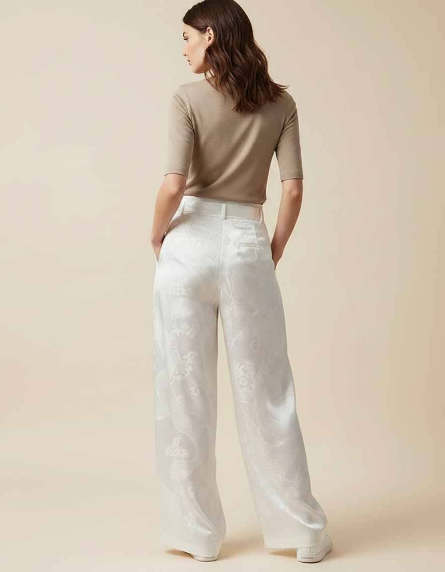 Pantalon Chinois Blanc Jacquard Dragon Ample Élégant - Satin - vue 2