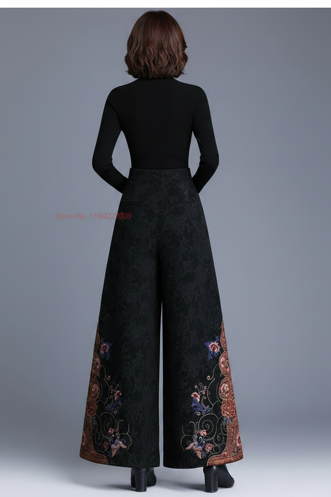 Pantalon Chinois Noir Brodé Jacquard Ample Ethnique Femme - Polyester - vue 2