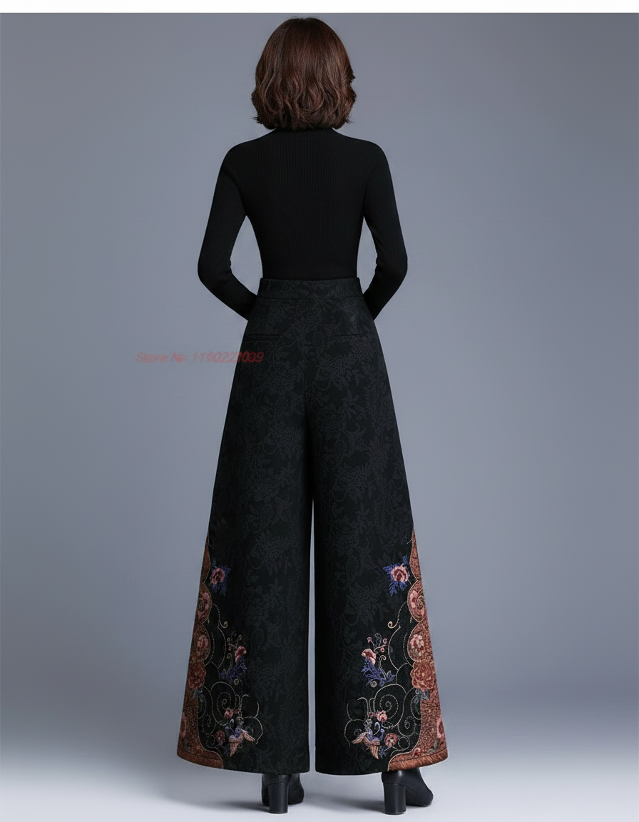 Pantalon Chinois Noir Brodé Jacquard Ample Ethnique Femme - Polyester - vue 2