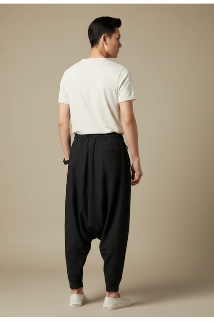 Pantalon Chinois Harem Lin Coton Ample Noir Homme - vue 2