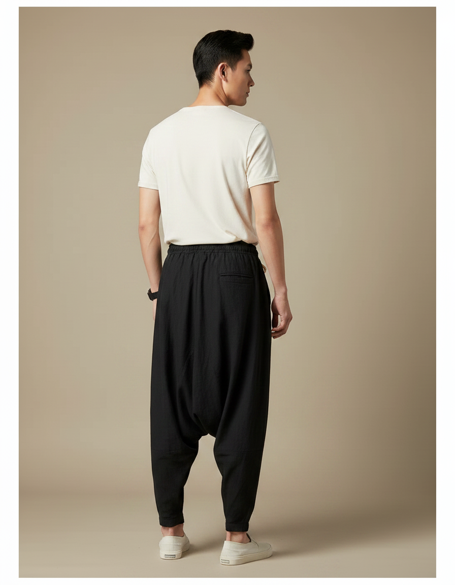 Pantalon Chinois Harem Lin Coton Ample Noir Homme - vue 2