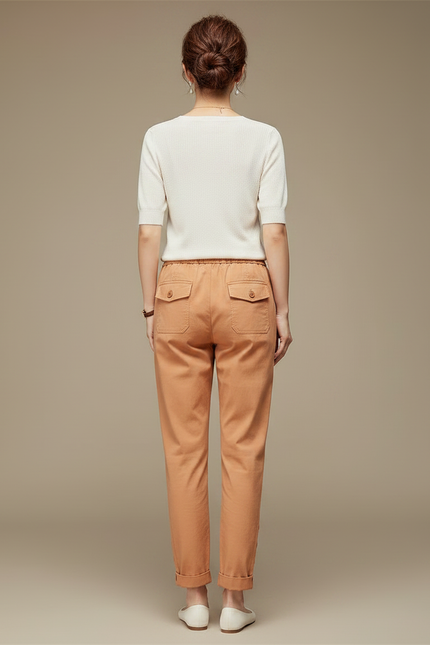 Pantalon Chinois Cargo Lin Ample Boutons Décontracté - Camel - vue 2