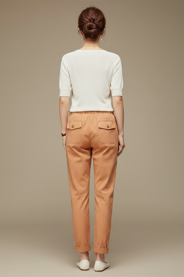 Pantalon Chinois Cargo Lin Ample Boutons Décontracté - Camel - vue 2