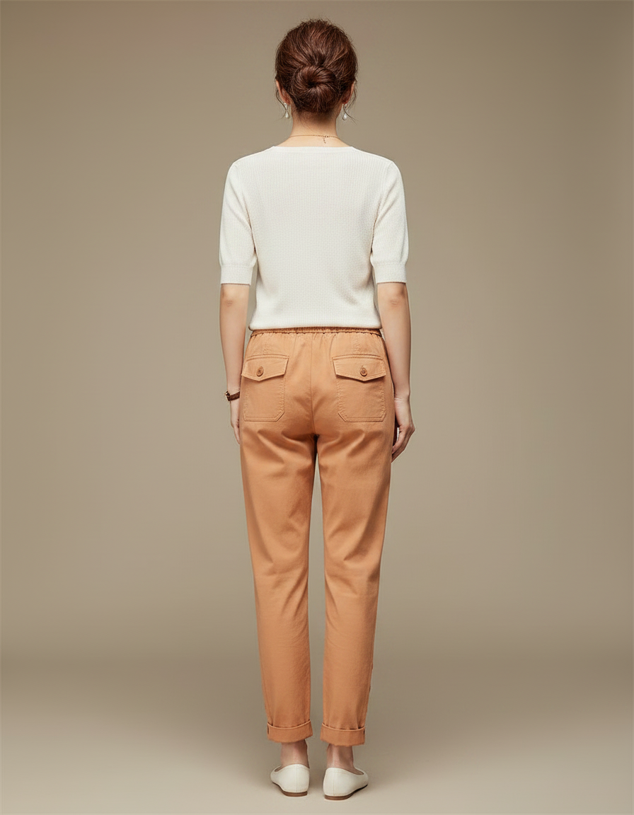 Pantalon Chinois Cargo Lin Ample Boutons Décontracté - Camel - vue 2