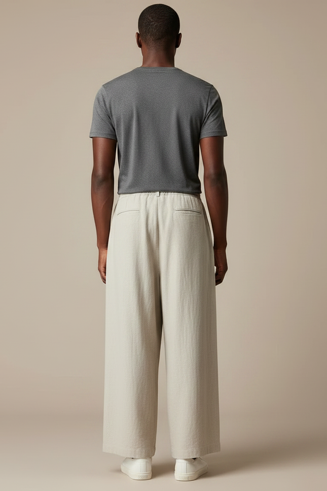 Pantalon Chinois Lin Ample Beige Décontracté Unisexe - vue 2